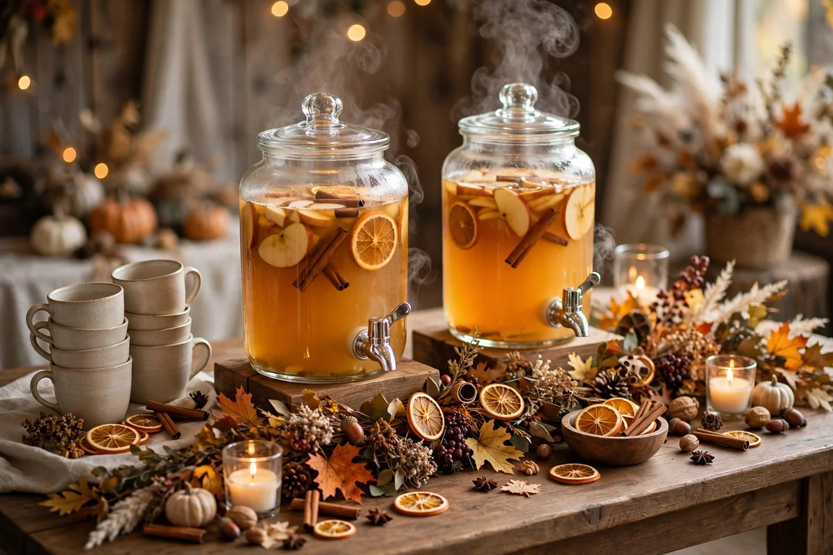 Autumn wedding beverage station with hot cider, mugs and cinnamon