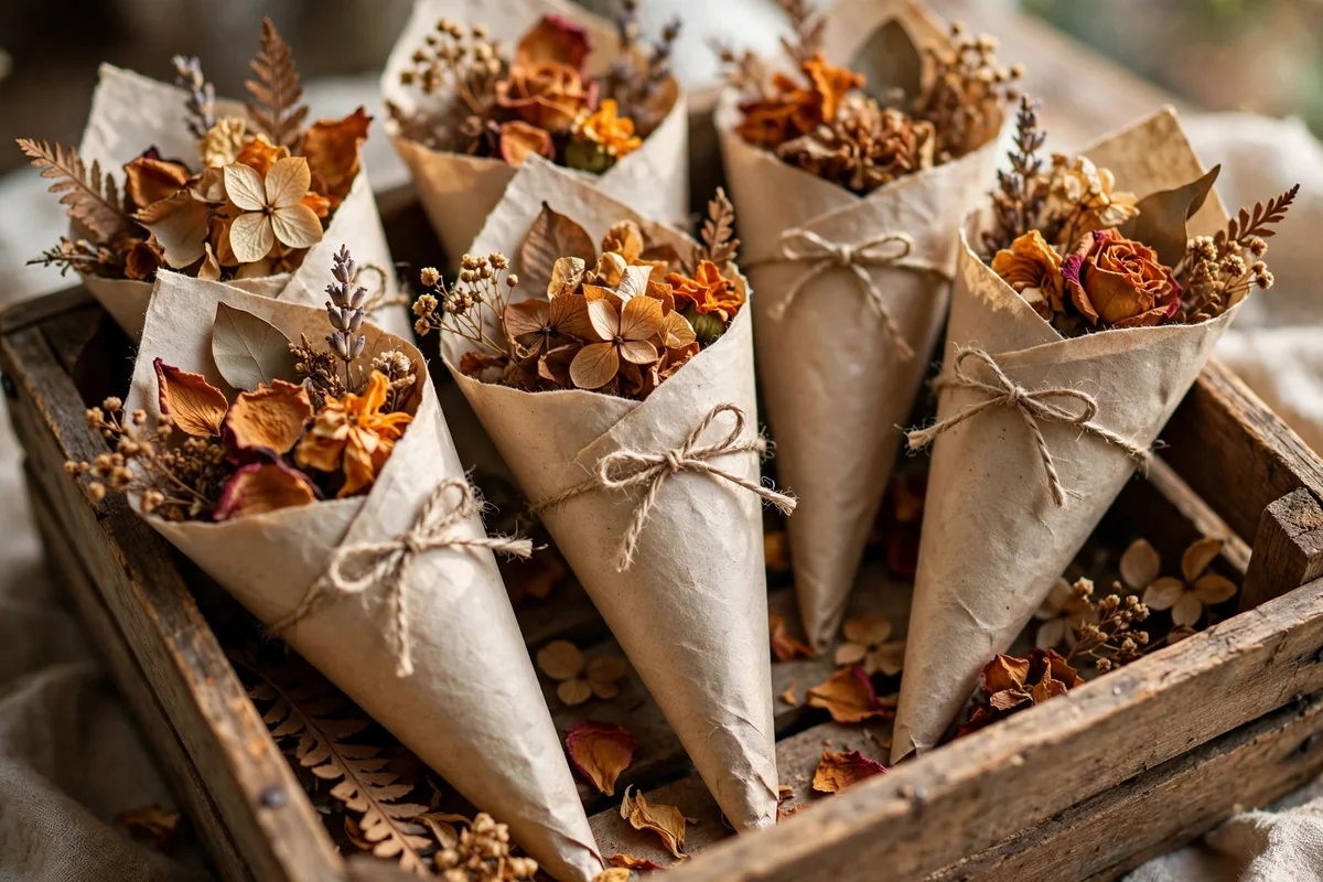 Paper cones filled with dried petals for a wedding farewell toss