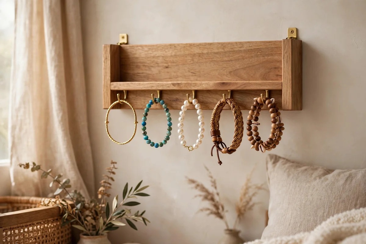 Wall-mounted bangle rack with bracelets
