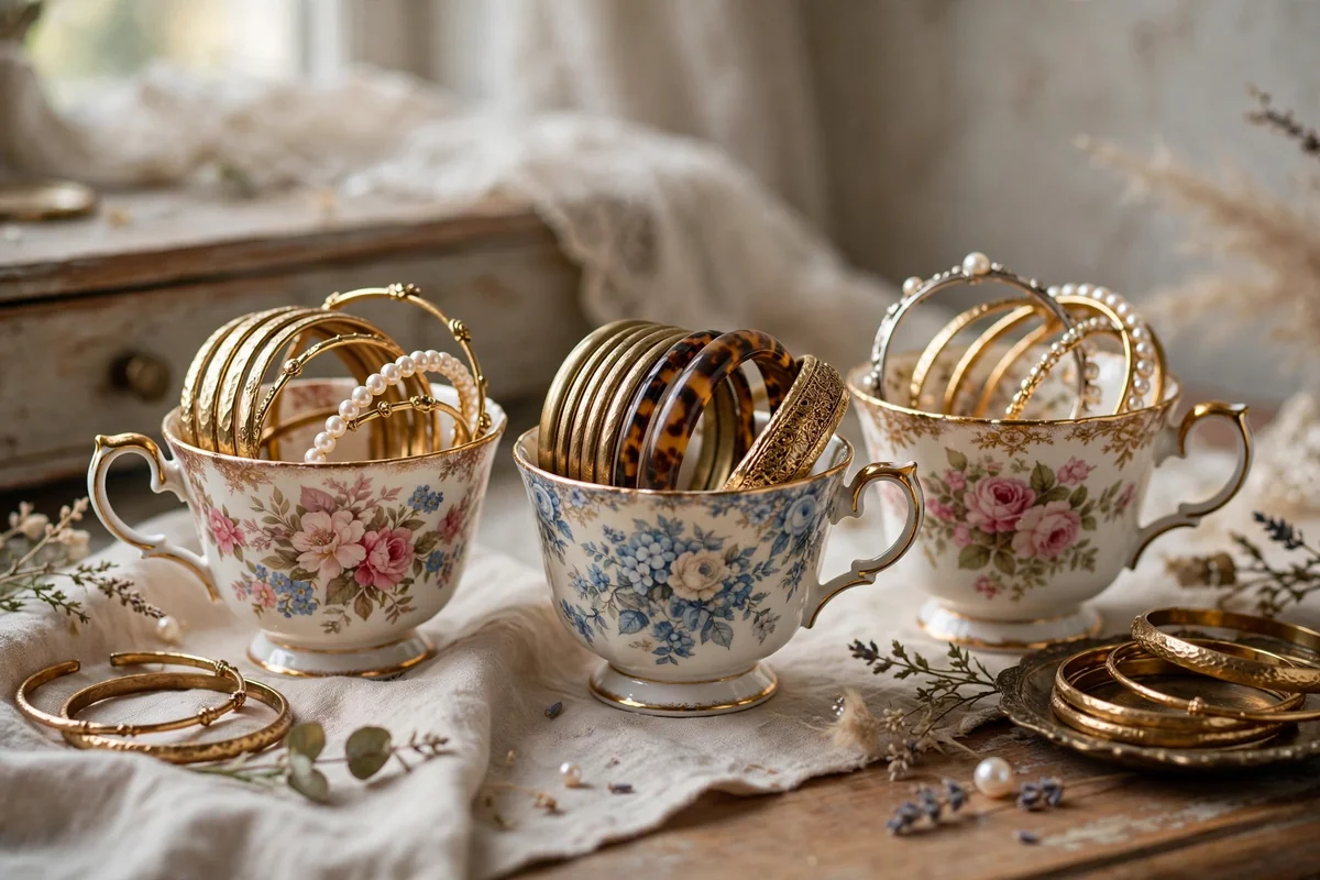 Vintage teacups holding bangles