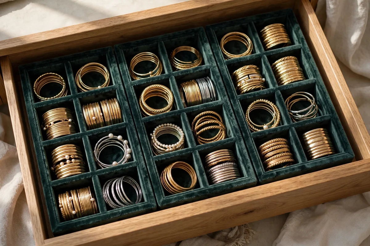 Drawer organizer trays with bangles