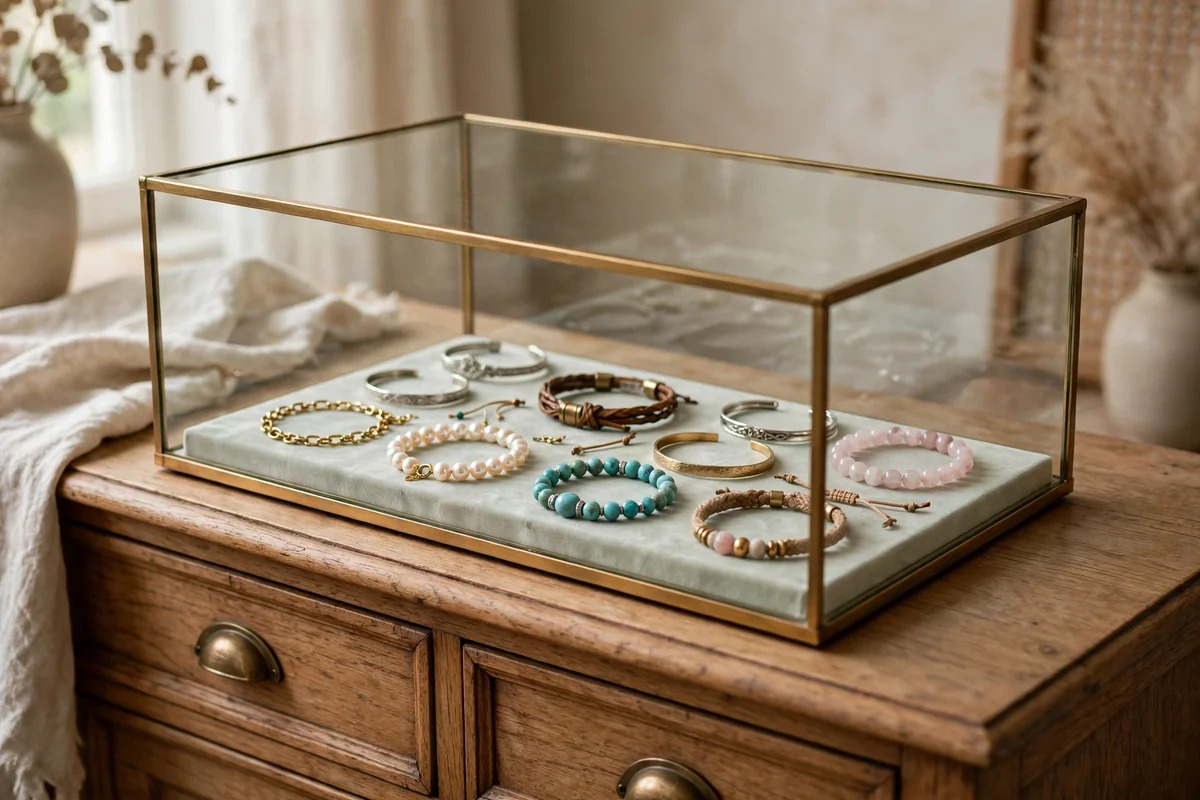 Glass display case with bangle collection