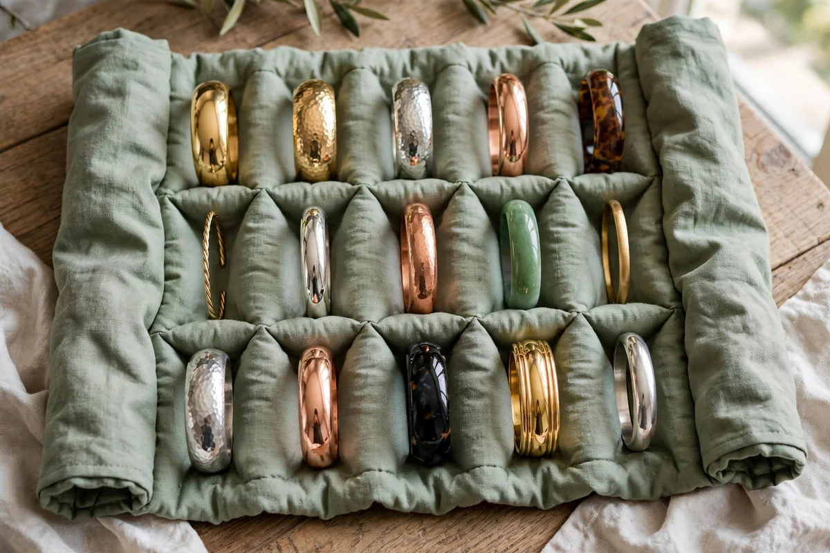 Fabric roll-up organizer with bangles