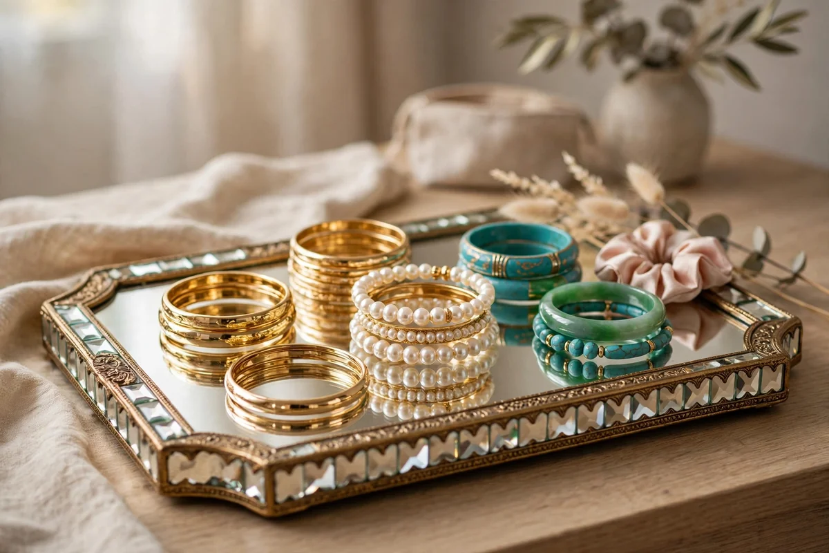 Decorative tray displaying bangles