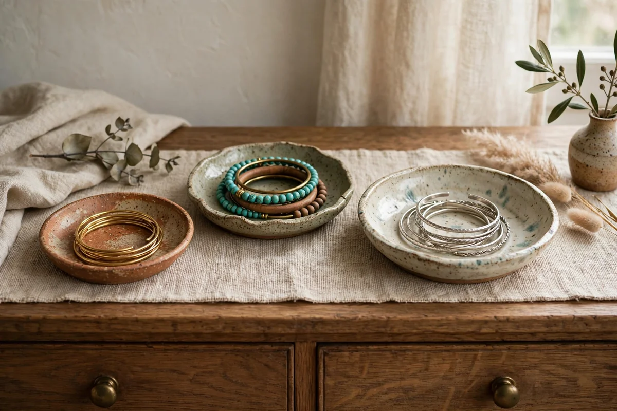 Ceramic dishes holding bangle bracelets