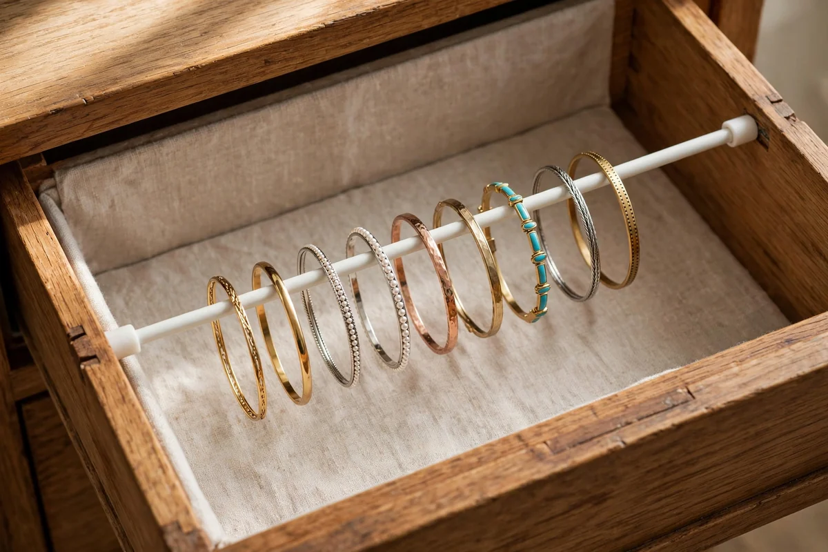 Tension rod organizing bangles in drawer
