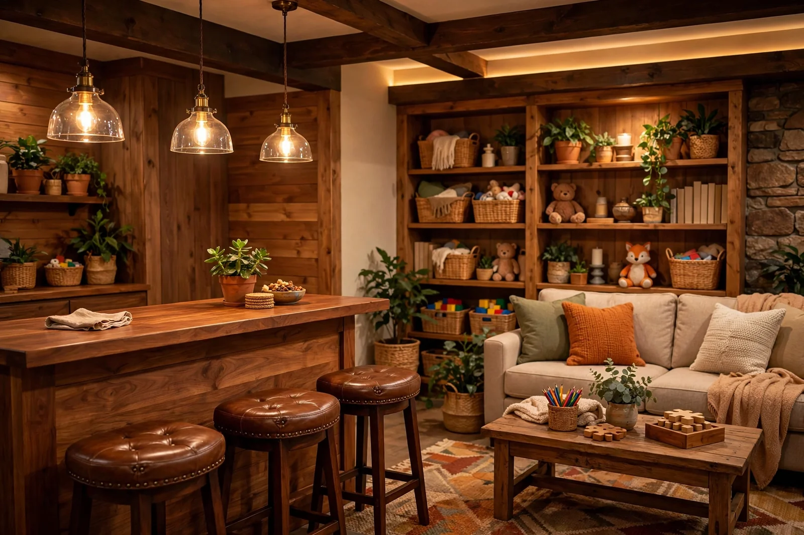 Cozy basement bar with warm wood counter, leather stools and layered lighting