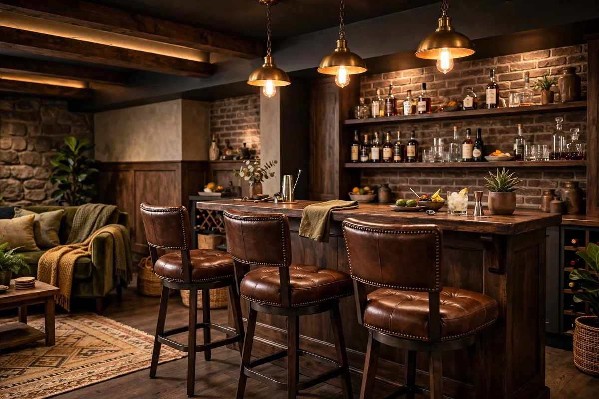 Comfortable bar stools at basement bar
