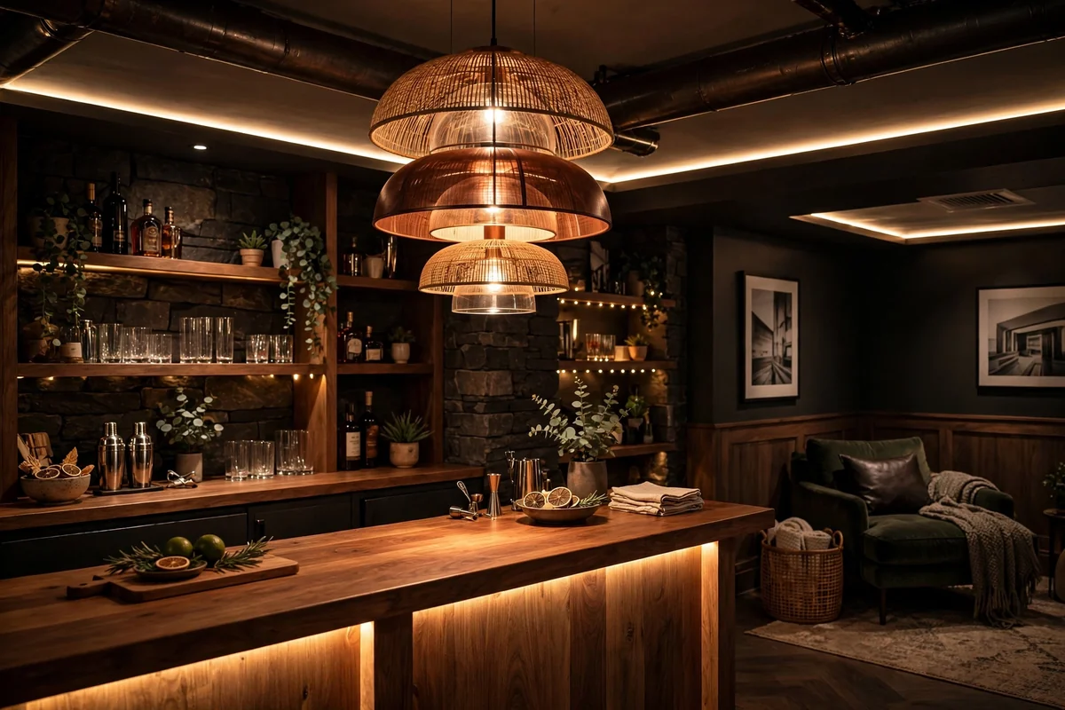 Layered warm lighting in basement bar