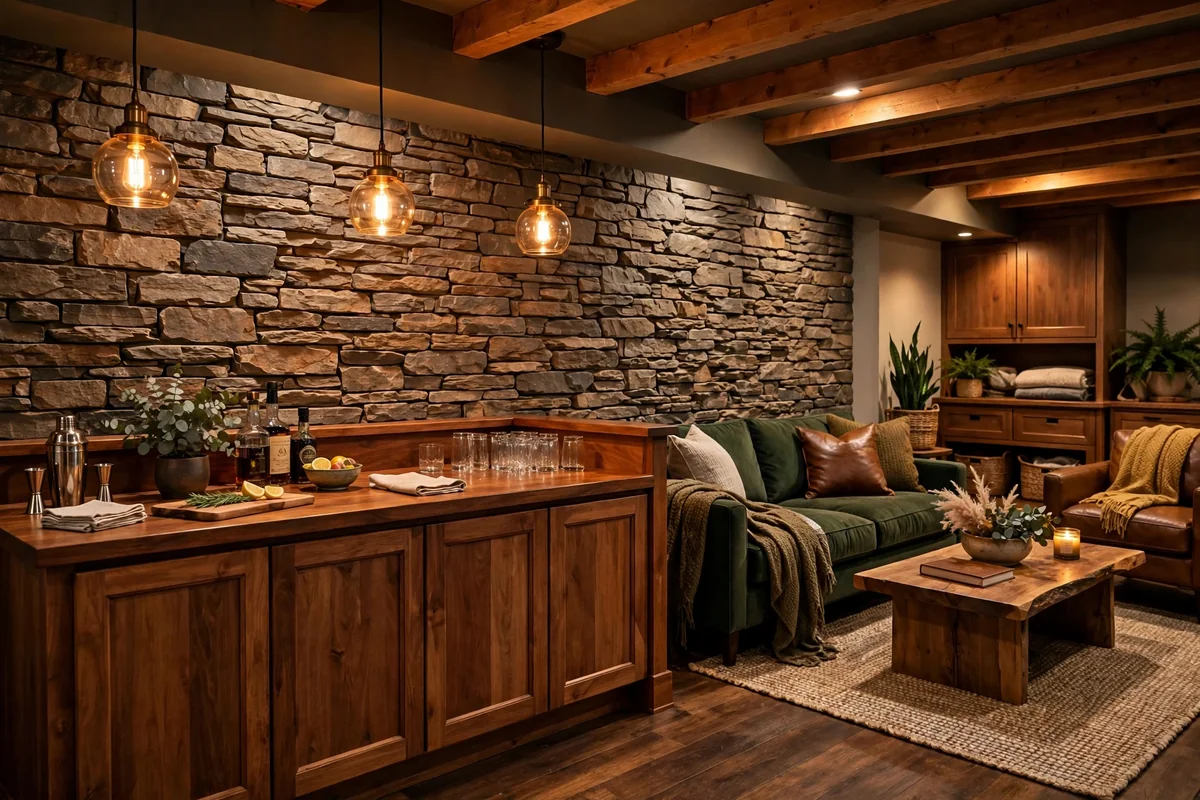 Stone accent wall in basement bar