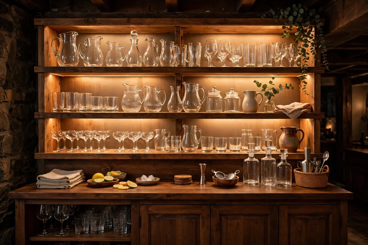 Open shelving with glassware in basement bar