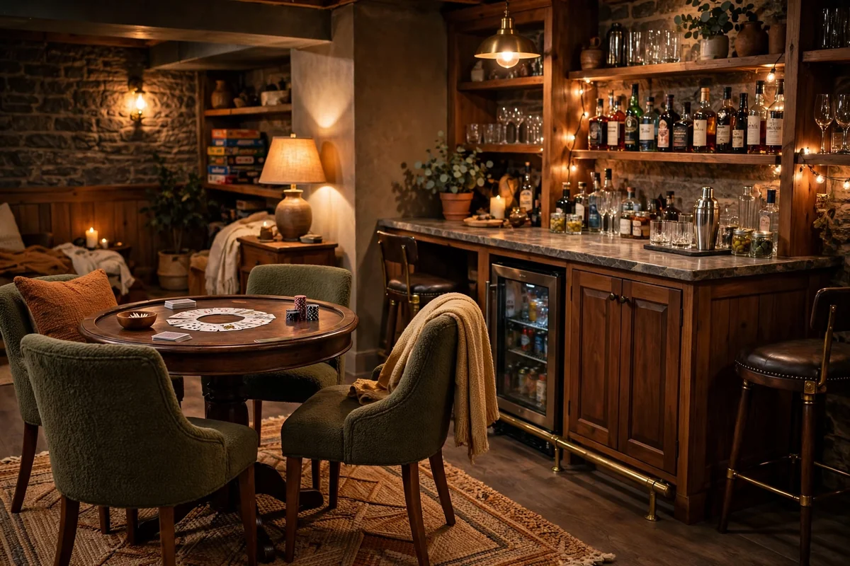 Game night corner in basement bar area