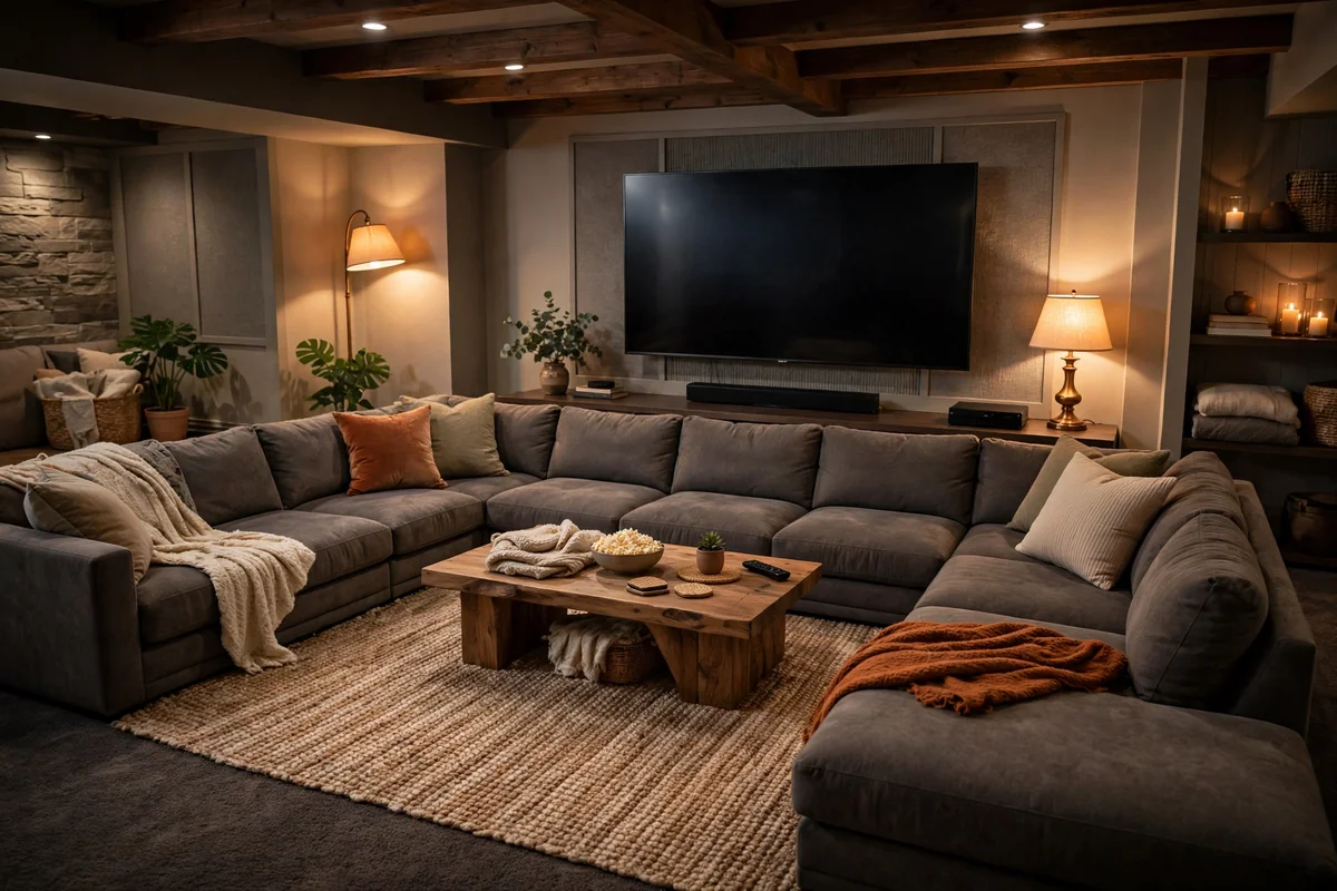 Movie night setup in basement bar lounge