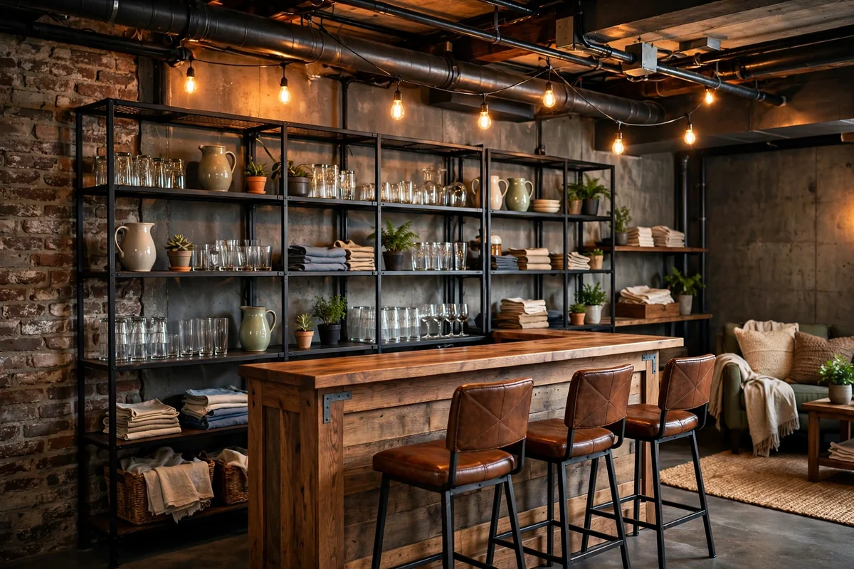 Industrial style basement bar