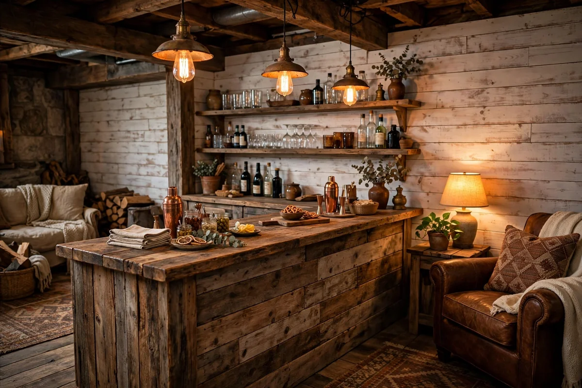 Rustic farmhouse basement bar