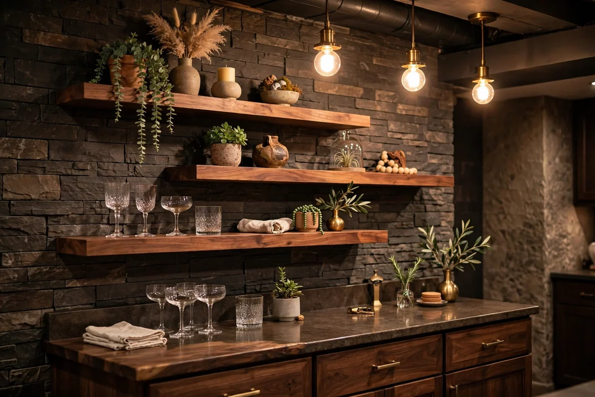 Floating shelves in basement bar