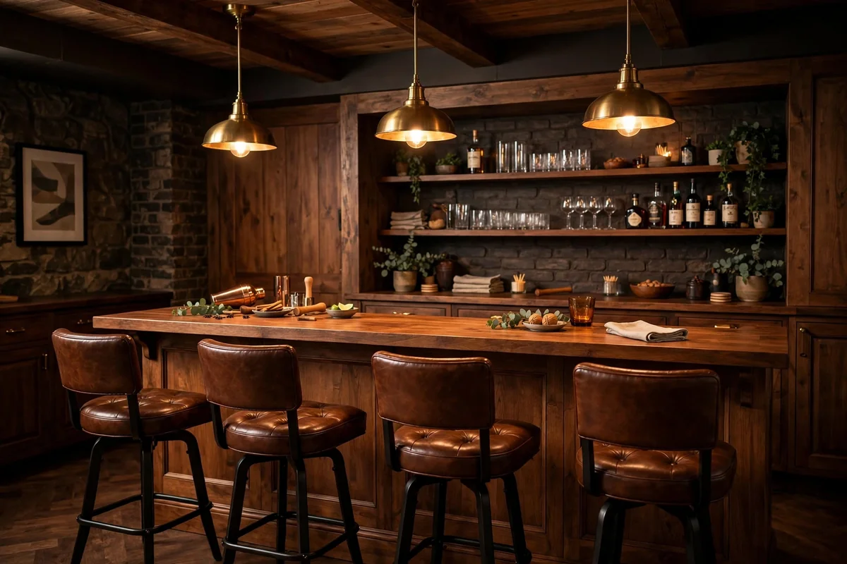 Brass and leather accents in basement bar