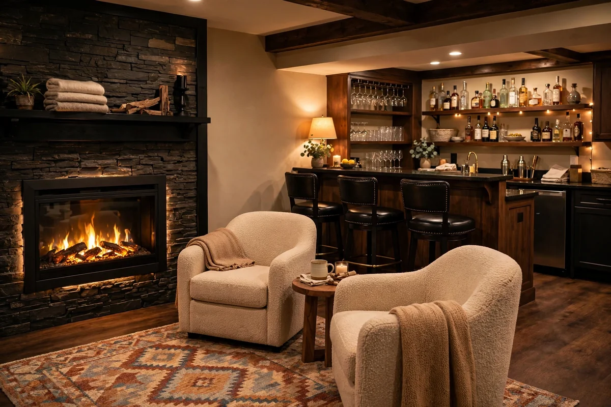 Fireplace seating near basement bar