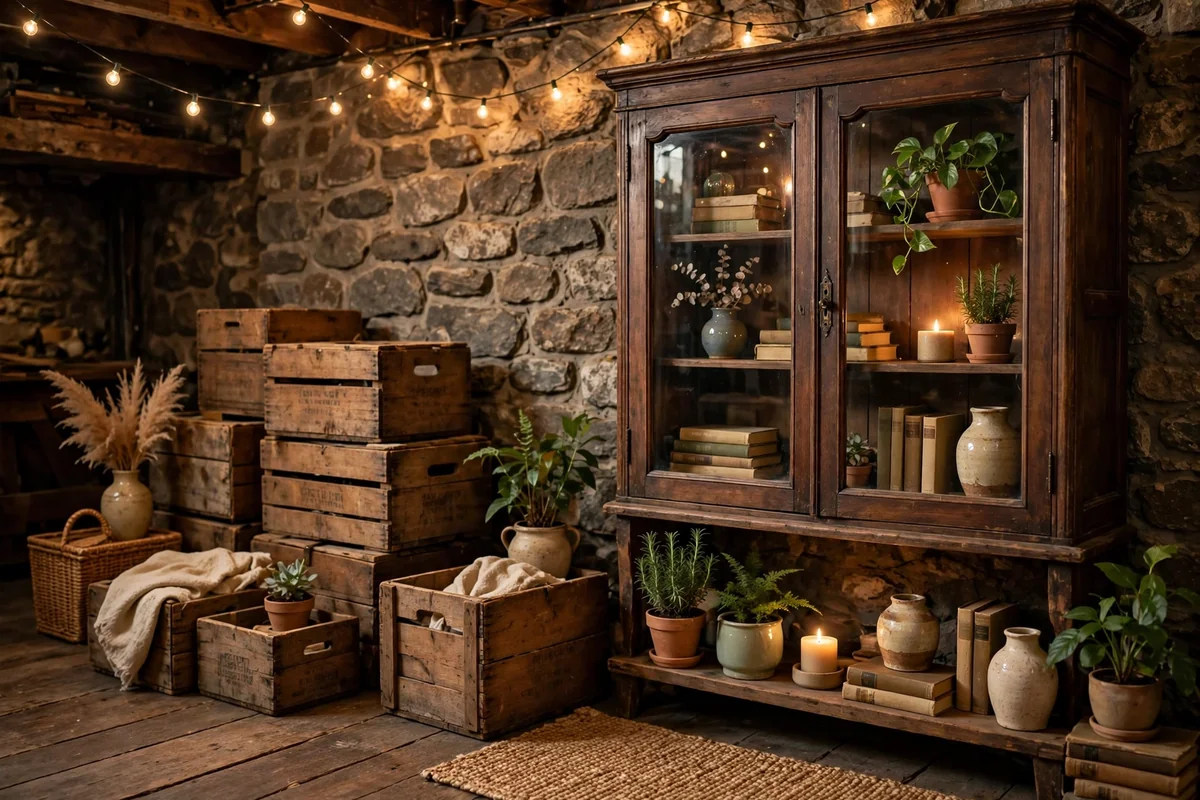 Vintage decor in basement bar