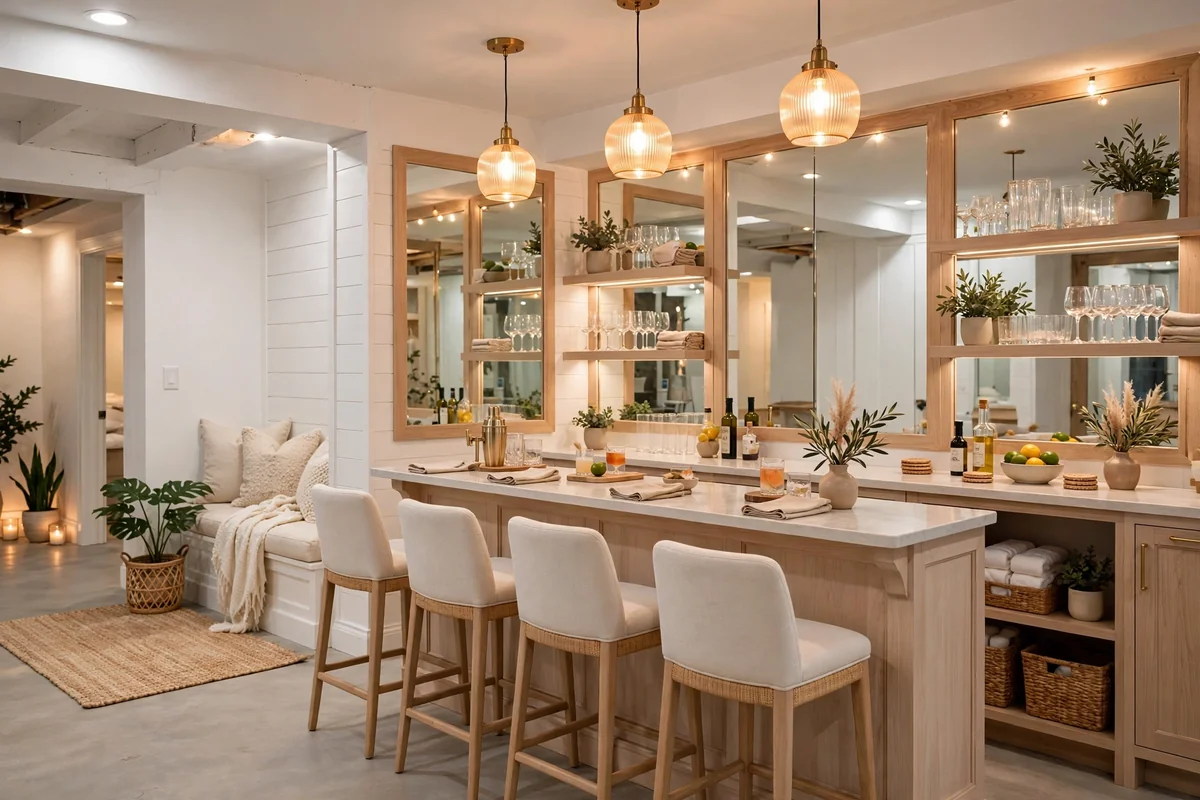 Bright basement bar with light colors