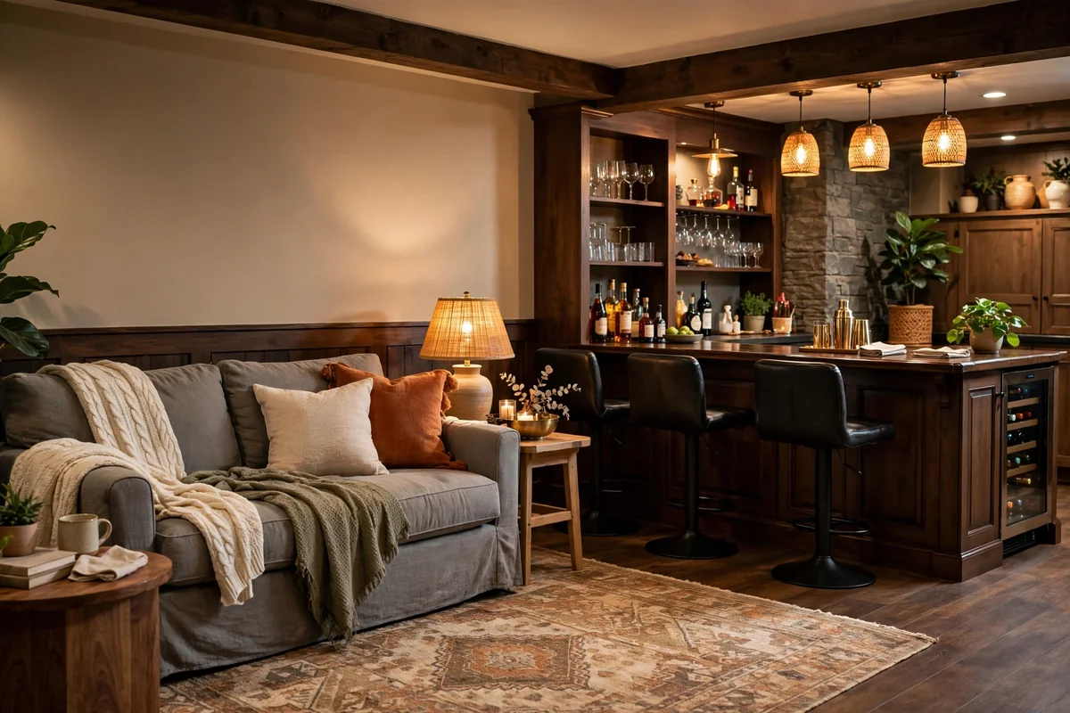Comfortable lounge area in basement