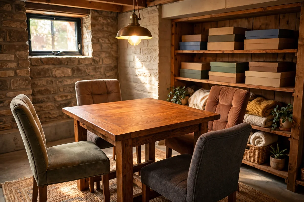Square wooden board game table with four padded chairs and warm lamp glow