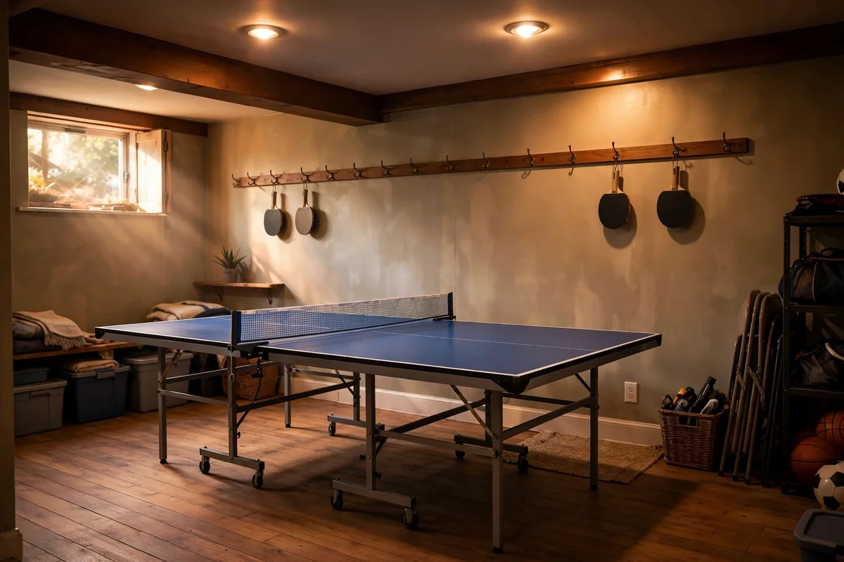 Folding table tennis table along a basement wall with bats on hooks