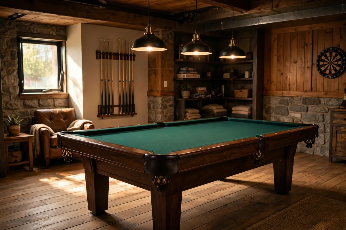 Pool table with warm green felt and wall cue rack in a basement