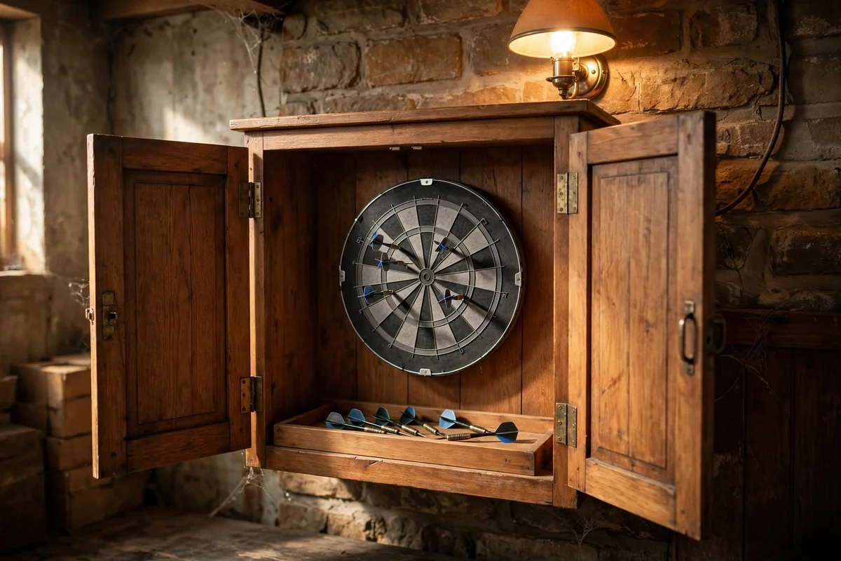 Wooden cabinet with magnetic dartboard and darts inside