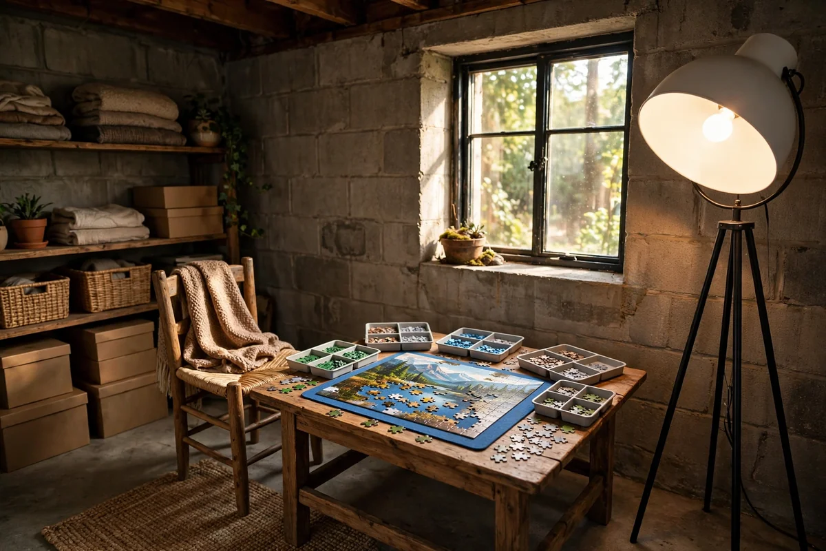 Puzzle corner with wooden table, jigsaw puzzle and sorting trays