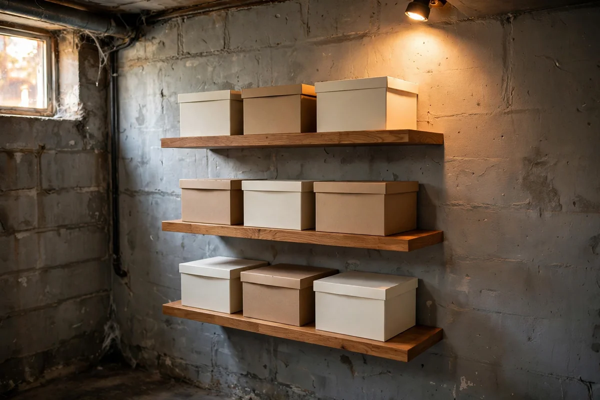 Floating shelves with plain unlabelled boxes for board games