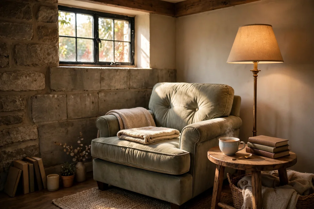 Reading corner with armchair, floor lamp and teacup by window