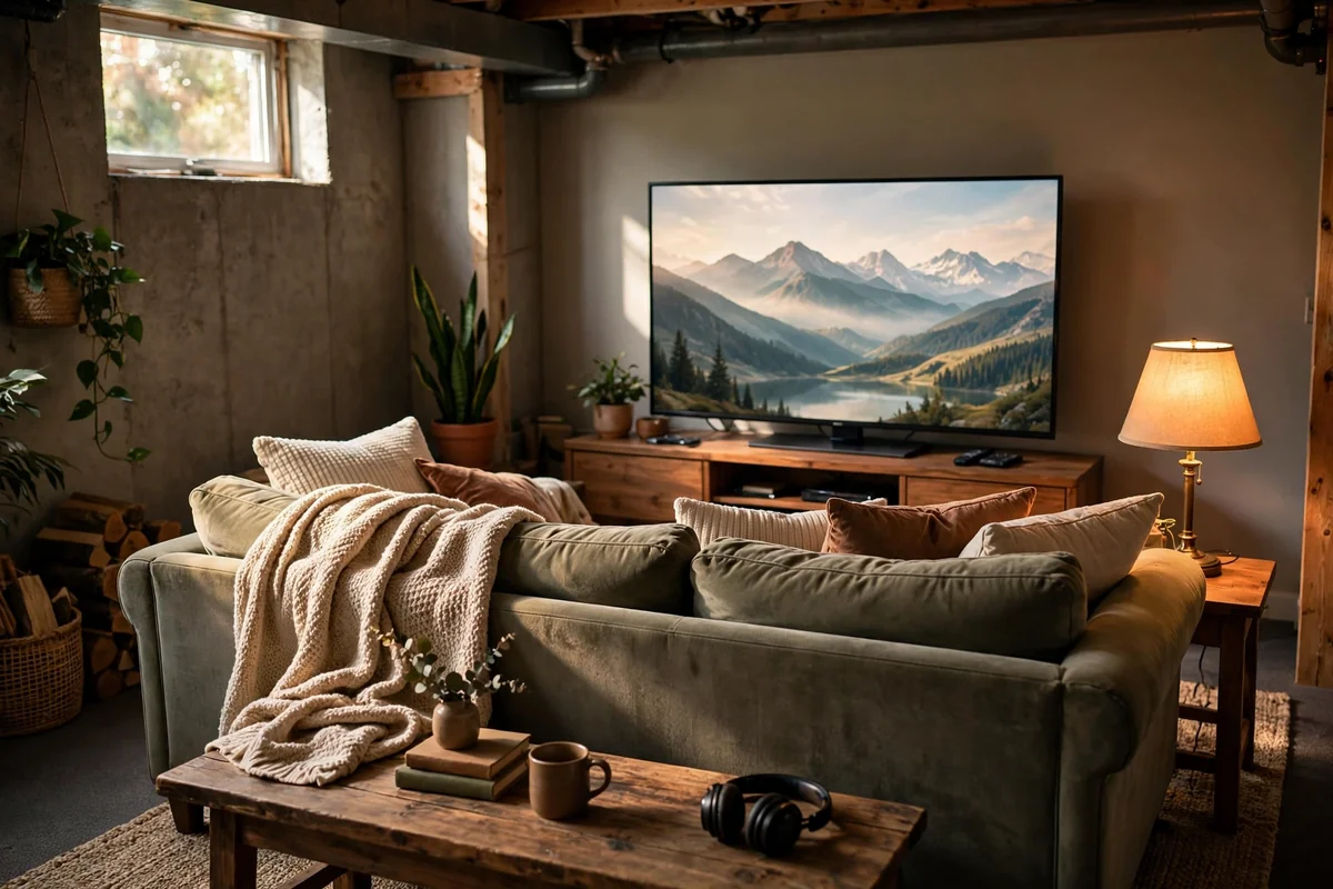 Film corner with sofa and screen showing a soft landscape