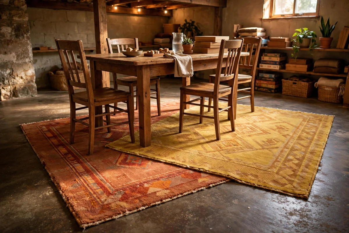 Layered wool rugs softening a basement game room floor