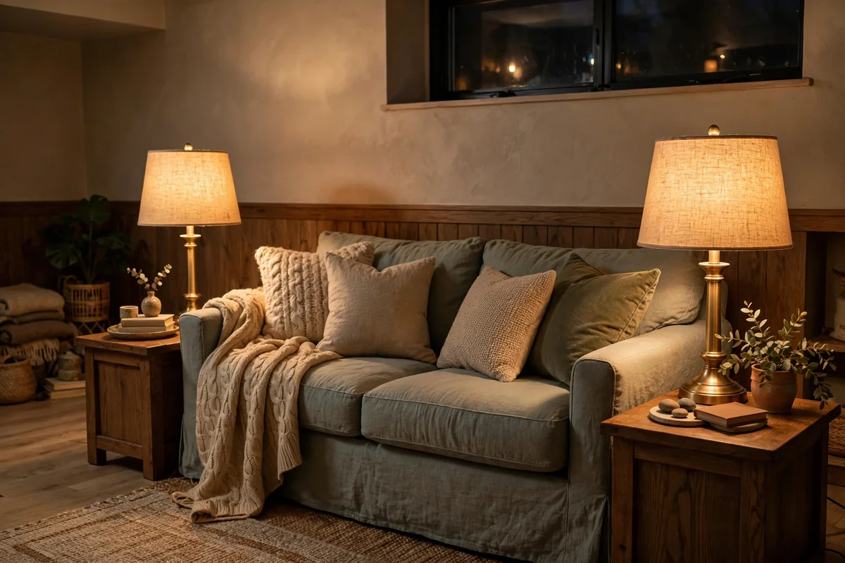 Warm table lamps glowing at sitting height around a sofa