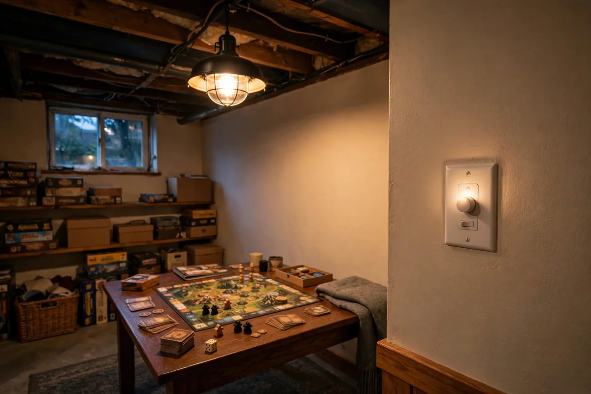 Dimmed ceiling light over a basement board game table