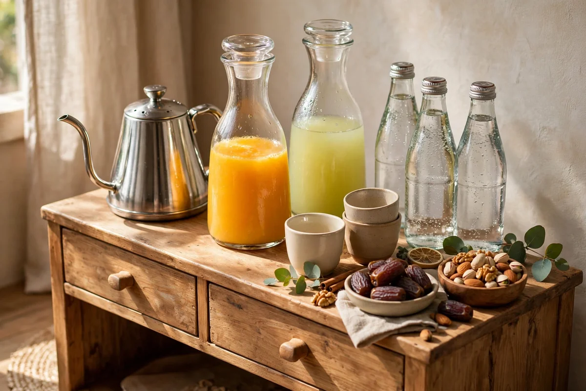 Refreshment station with tea, juice and sparkling water