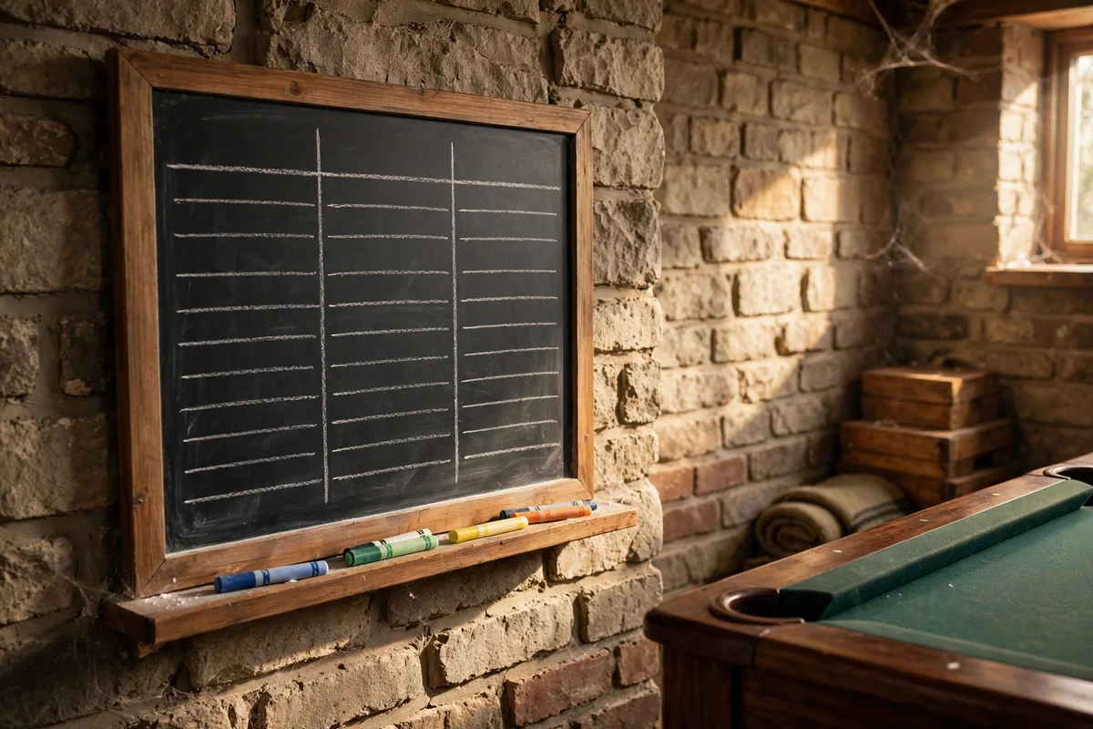 Chalkboard with family tournament scores beside game table