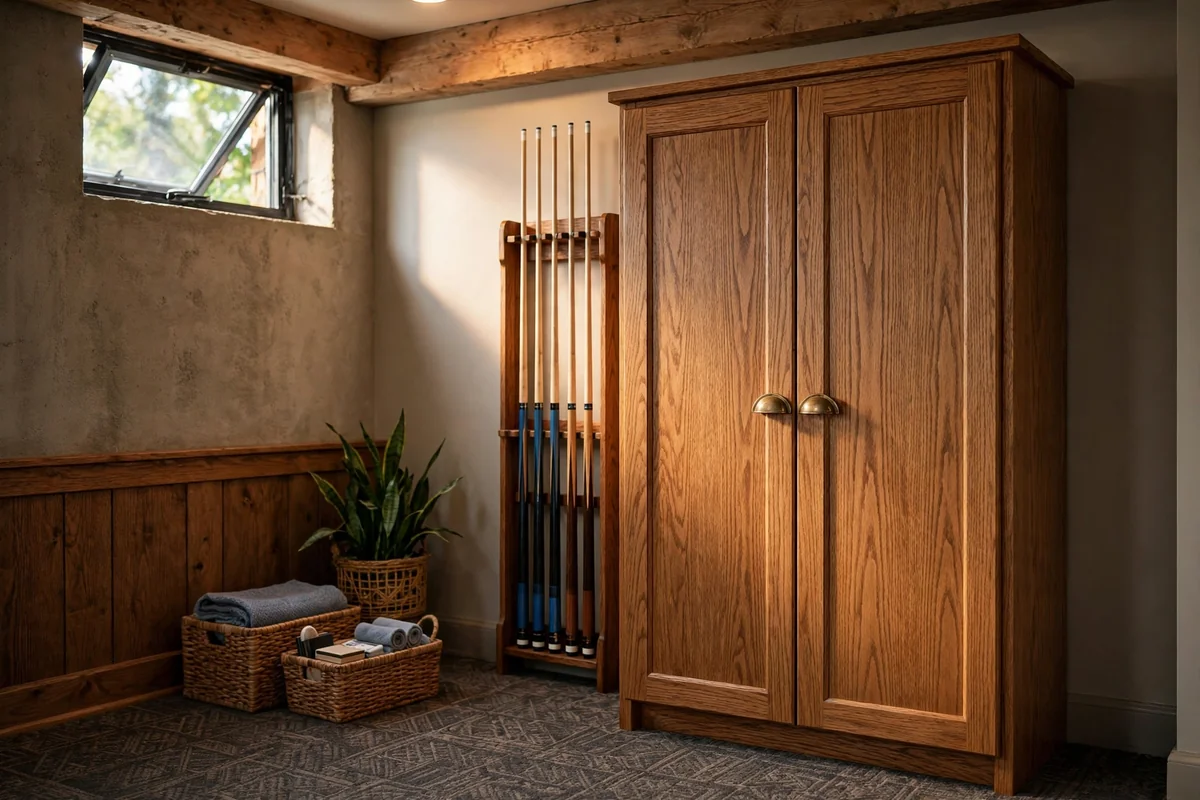 Closed oak cabinet storing game equipment in basement