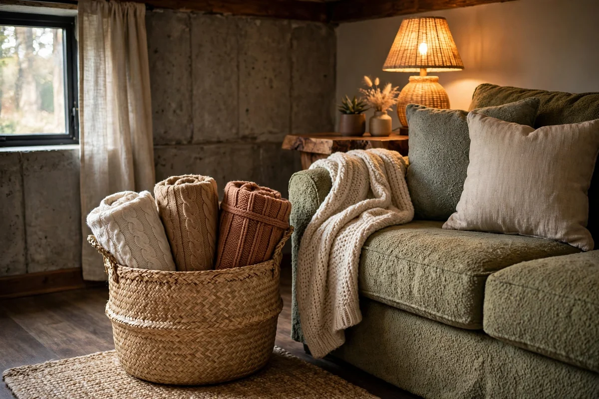 Woven basket of throw blankets beside a basement sofa
