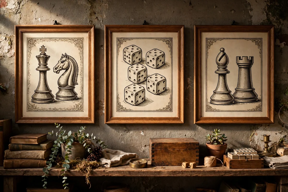 Framed vintage game prints in a row on basement wall