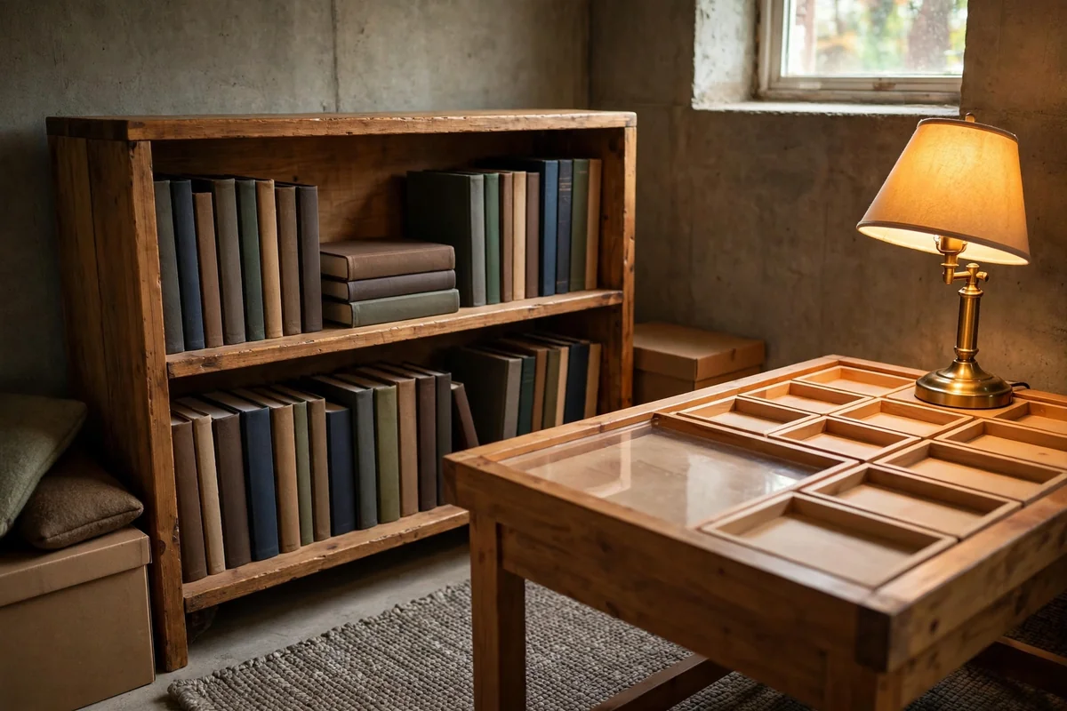 Low bookshelf with game guides beside a puzzle table