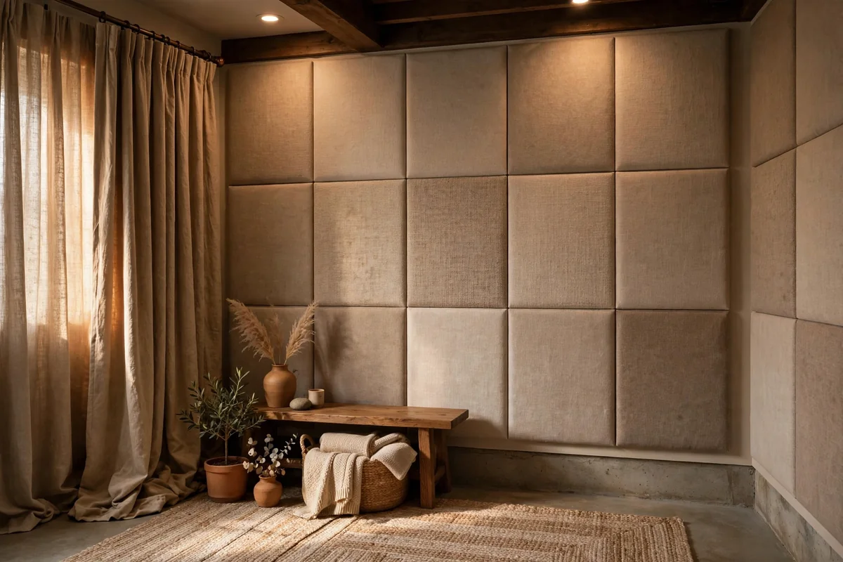 Fabric acoustic panels and heavy curtains on basement walls