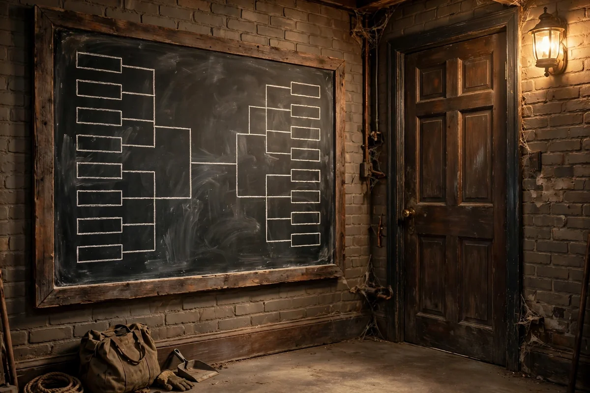 Framed tournament bracket board by the basement door