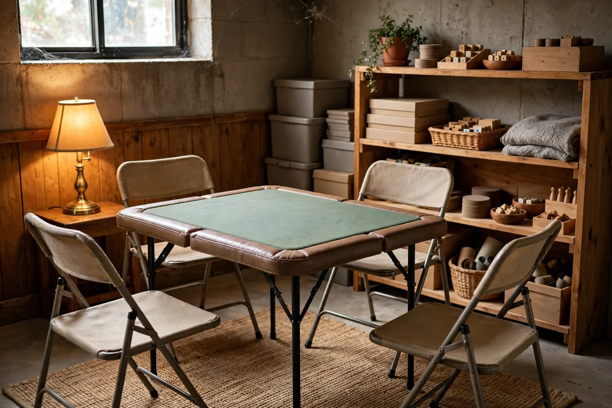 Folding card table with four chairs in basement corner