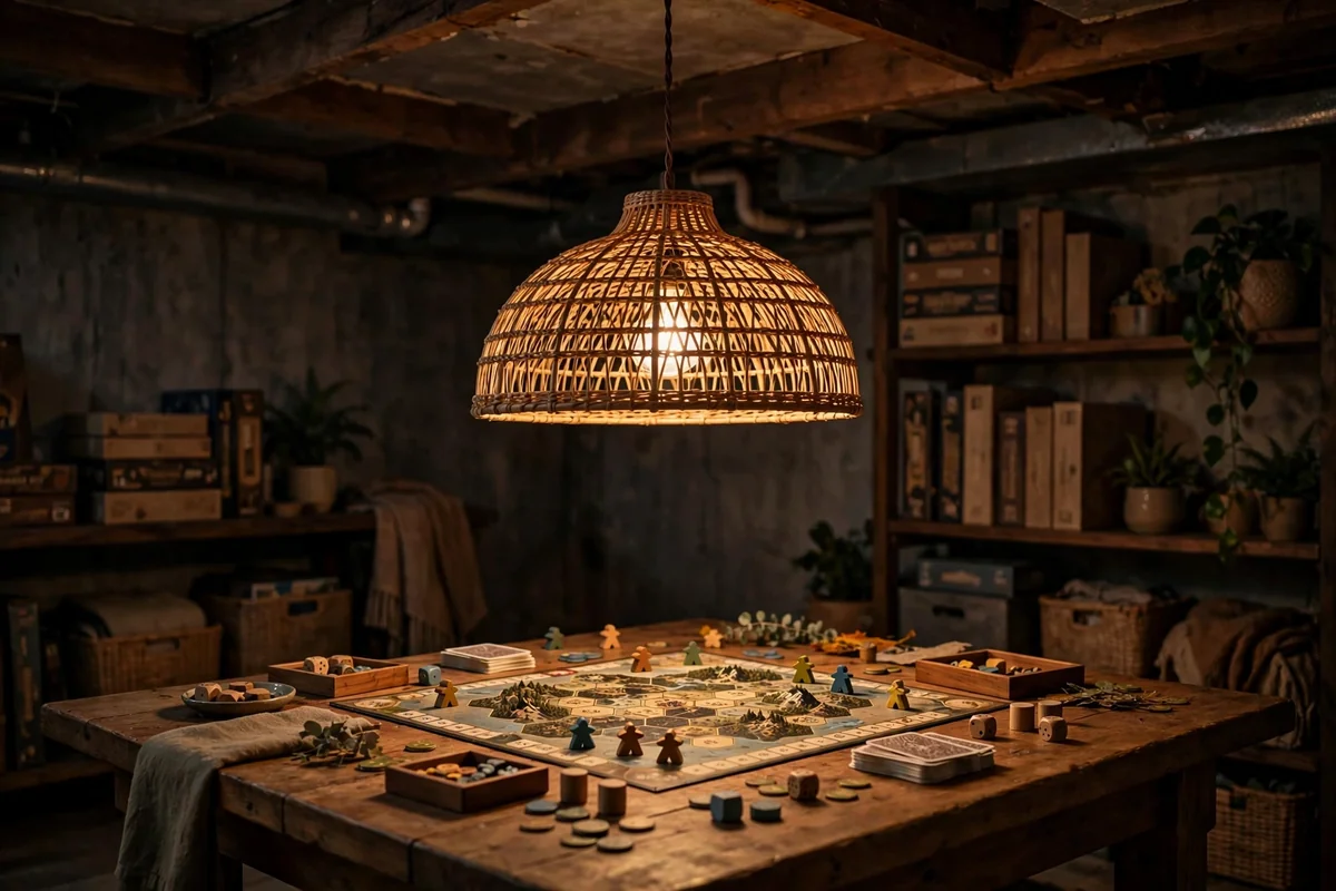 Low rattan pendant glowing over a board game table
