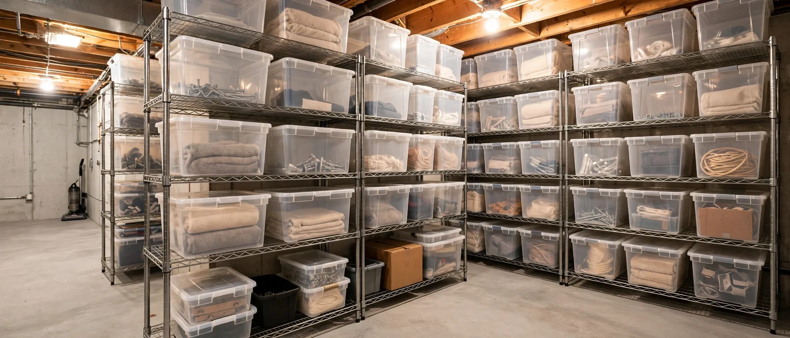 Organized basement with heavy-duty shelving, labeled bins and storage zones