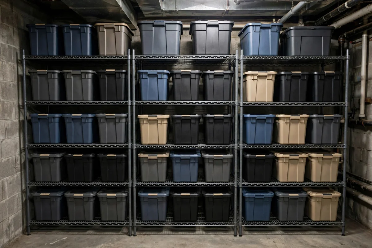 Heavy-duty adjustable steel shelving in an organized basement