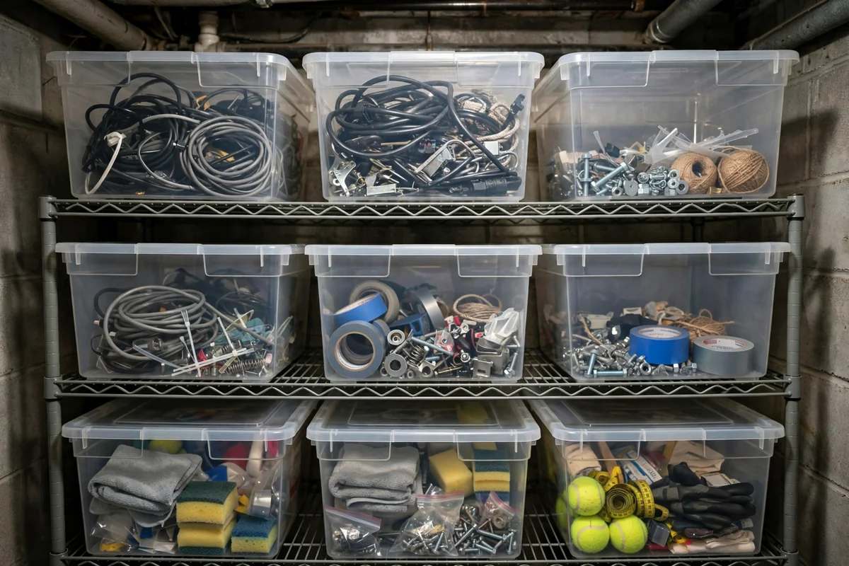 Clear matching plastic storage bins on basement shelves