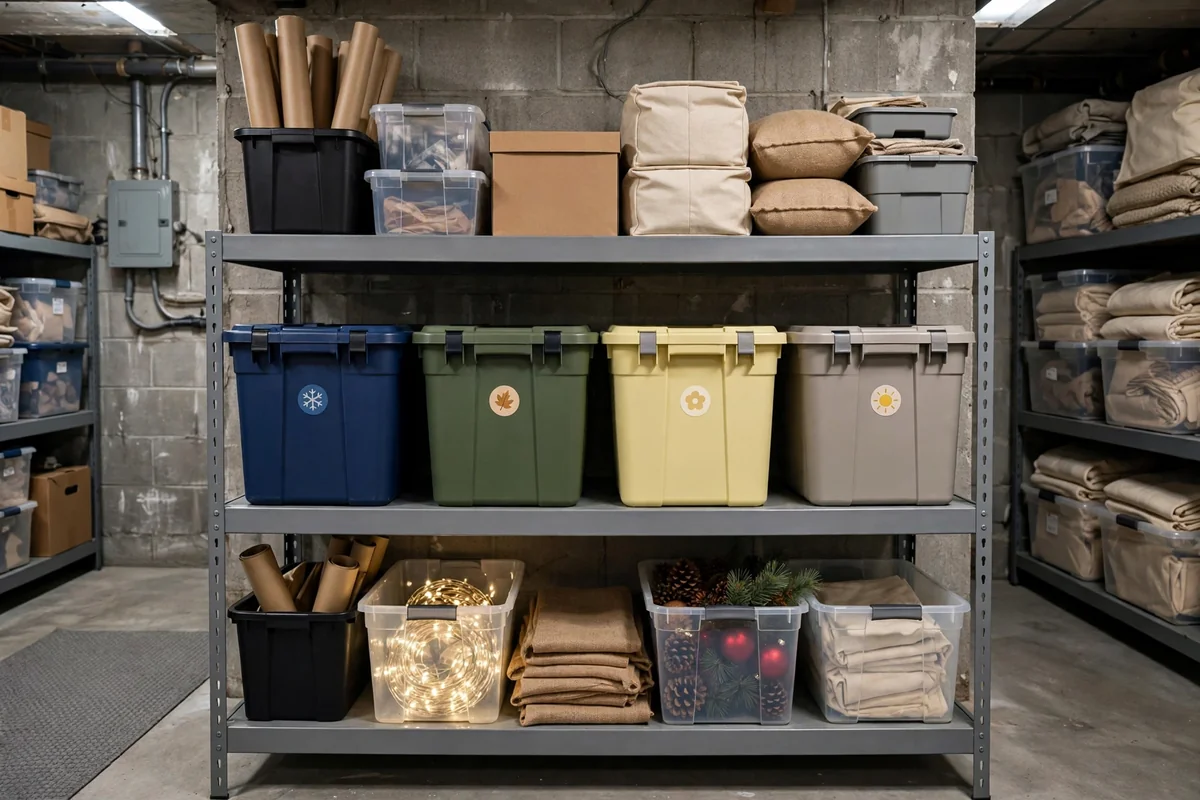 Dedicated holiday decoration storage zone with labeled bins
